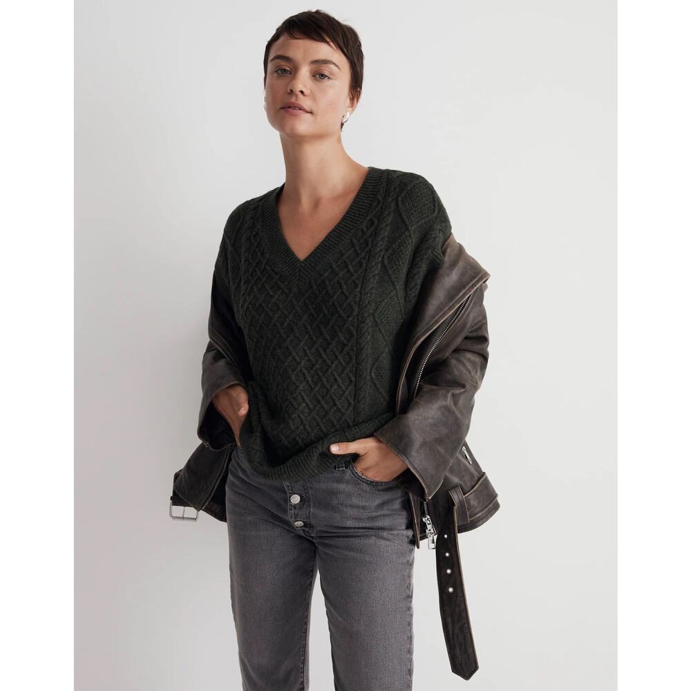 Madewell Cable Knit Wool Blend V-Neck Sweater Vest Hthr Dark Forest Green XS